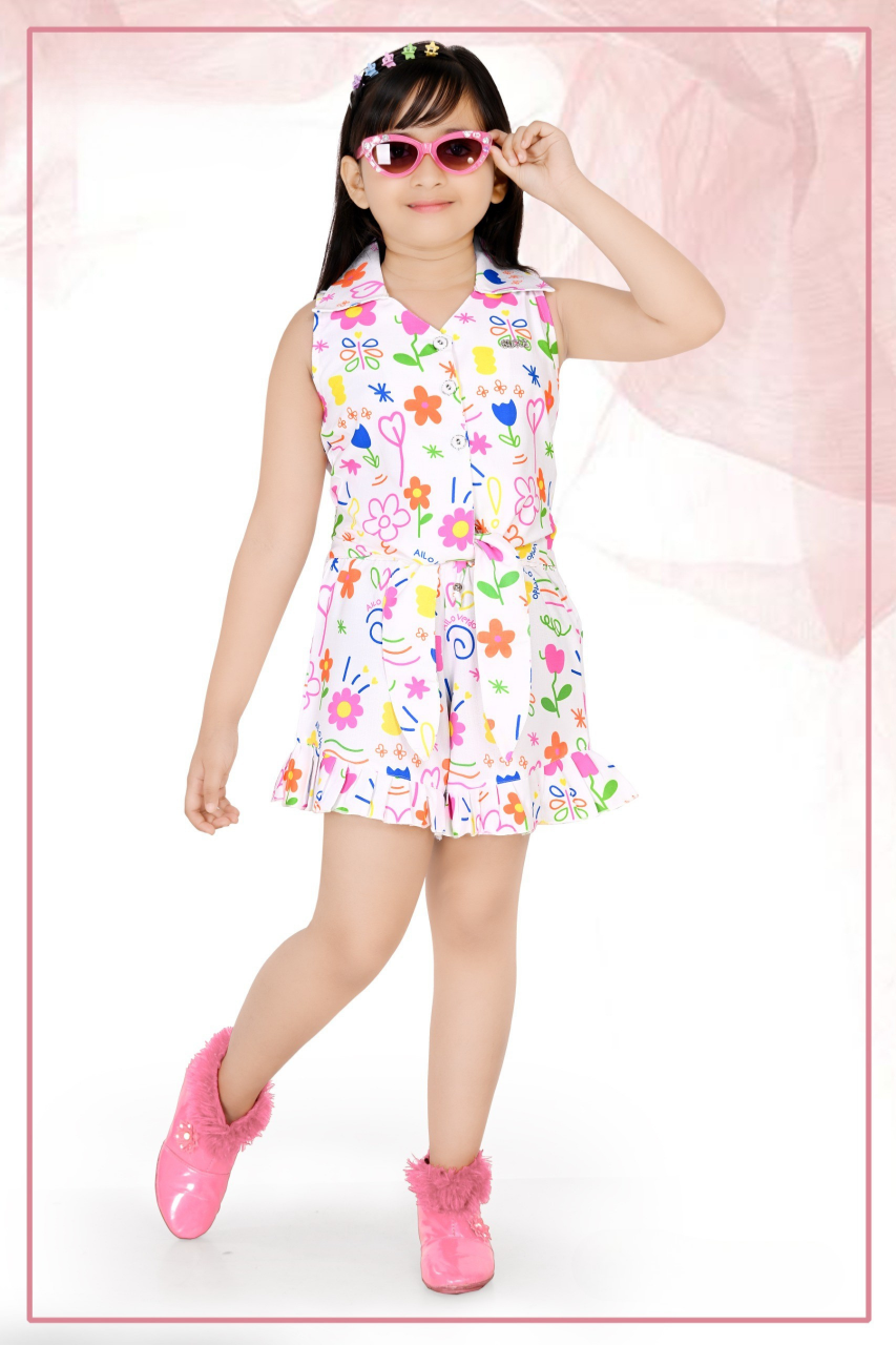 White & Multicolor Girls' Floral Print Sleeveless Dress