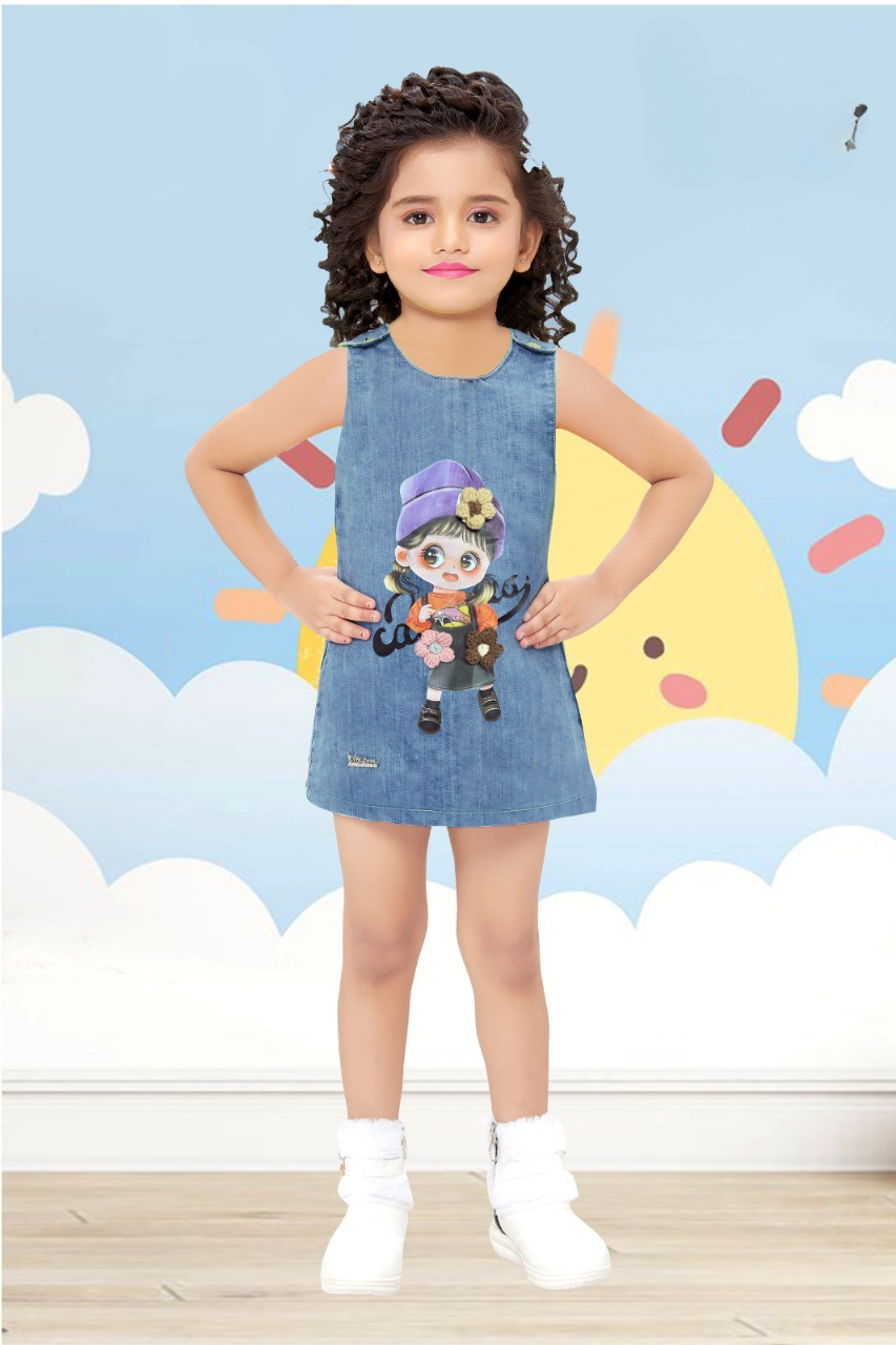 Denim Abstract Girl Print Girls' Dress