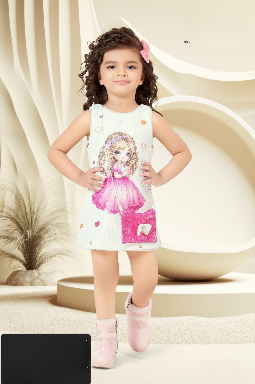 White Sequin Doll Print Girls' Dress
