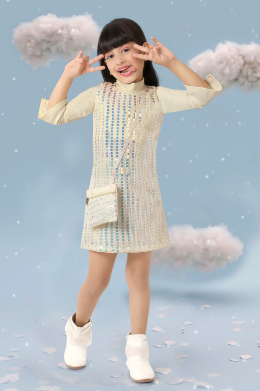 Ivory Sequin A-line Party Dress for Girls with Mini Bag