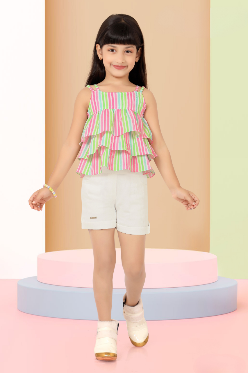 Multicolor Striped Ruffle Top with White Shorts