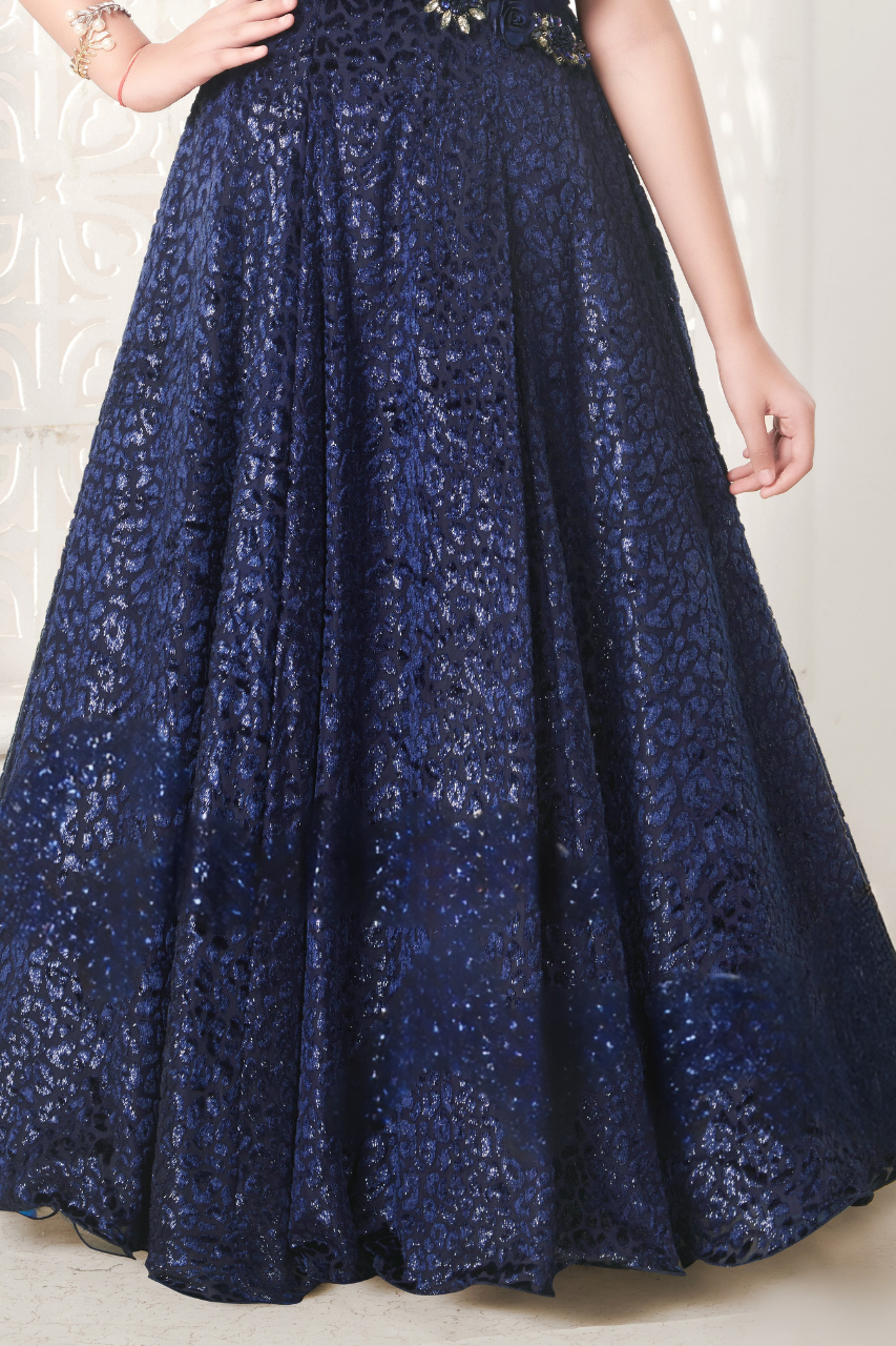 Sapphire Blue Girls’ Embellished Net Party Gown