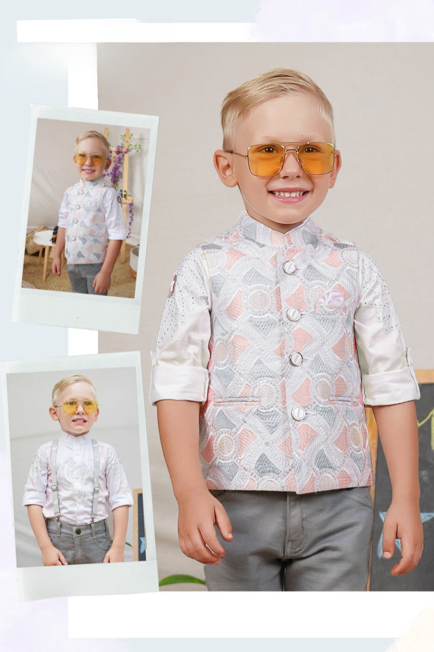 White & Grey Boys’ Elegant Mandarin-Collar Festive Set
