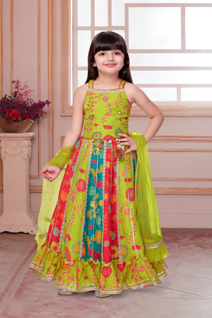 Green & Multicolor Girls’ Floral Lehenga Set with Dupatta