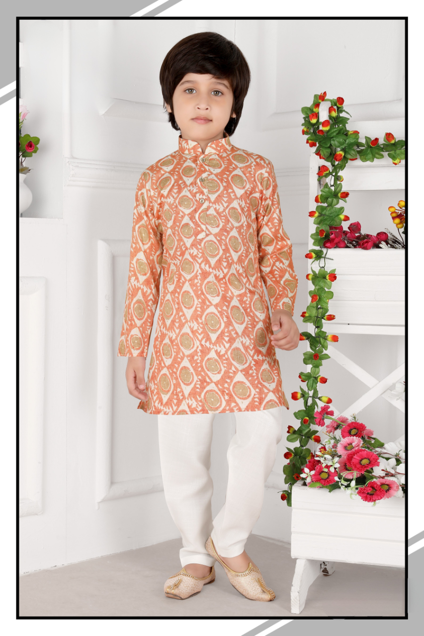 Peach & White Boys’ Traditional Printed Festive Kurta Set