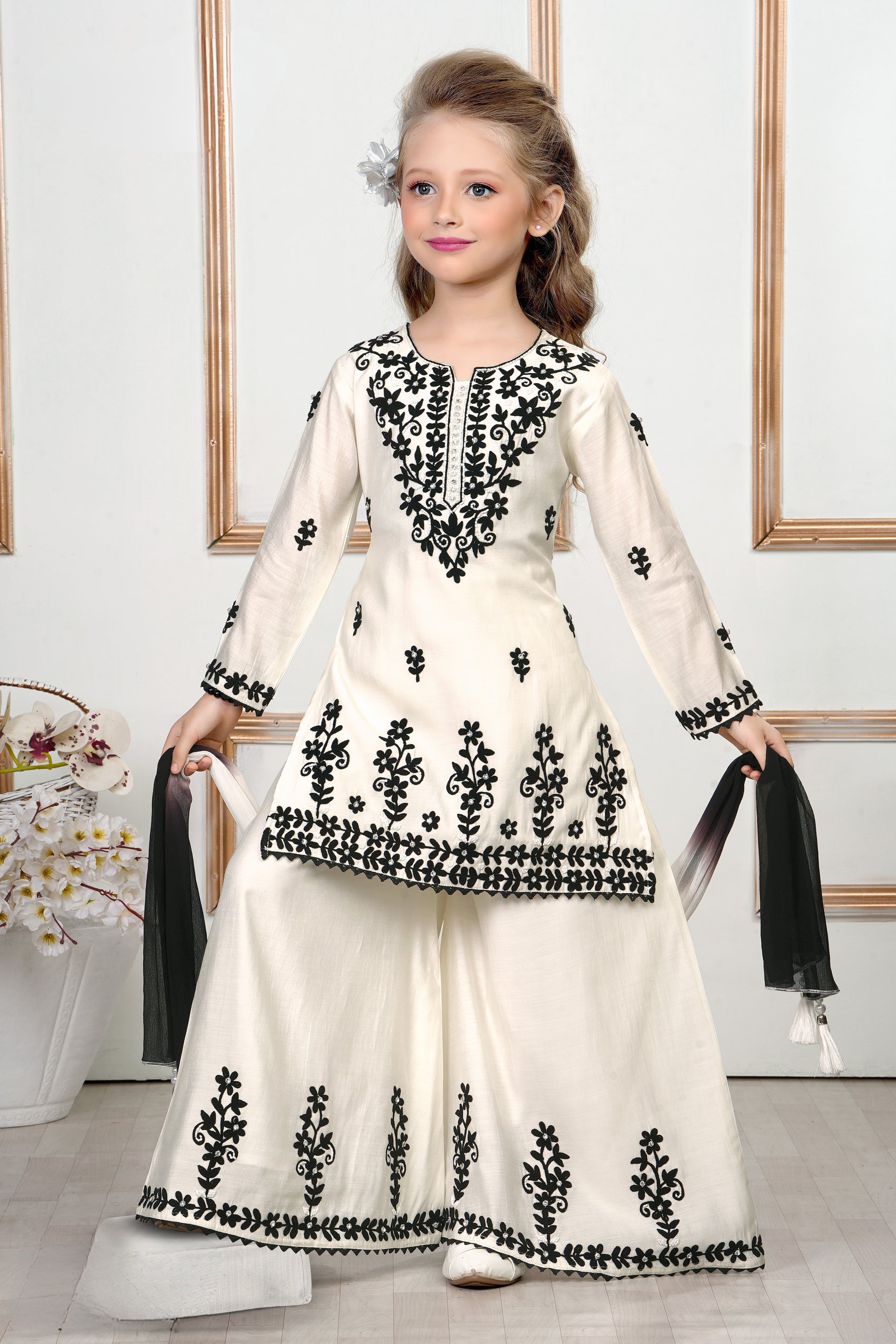 White & Black Princess Embroidered Palazzo Set