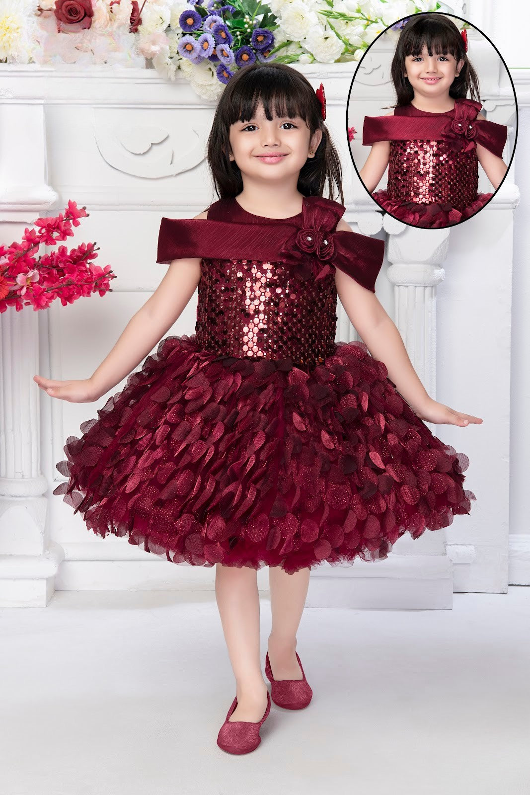 Maroon Girls’ Sequin Bodice Party Dress with Textured Petal Skirt