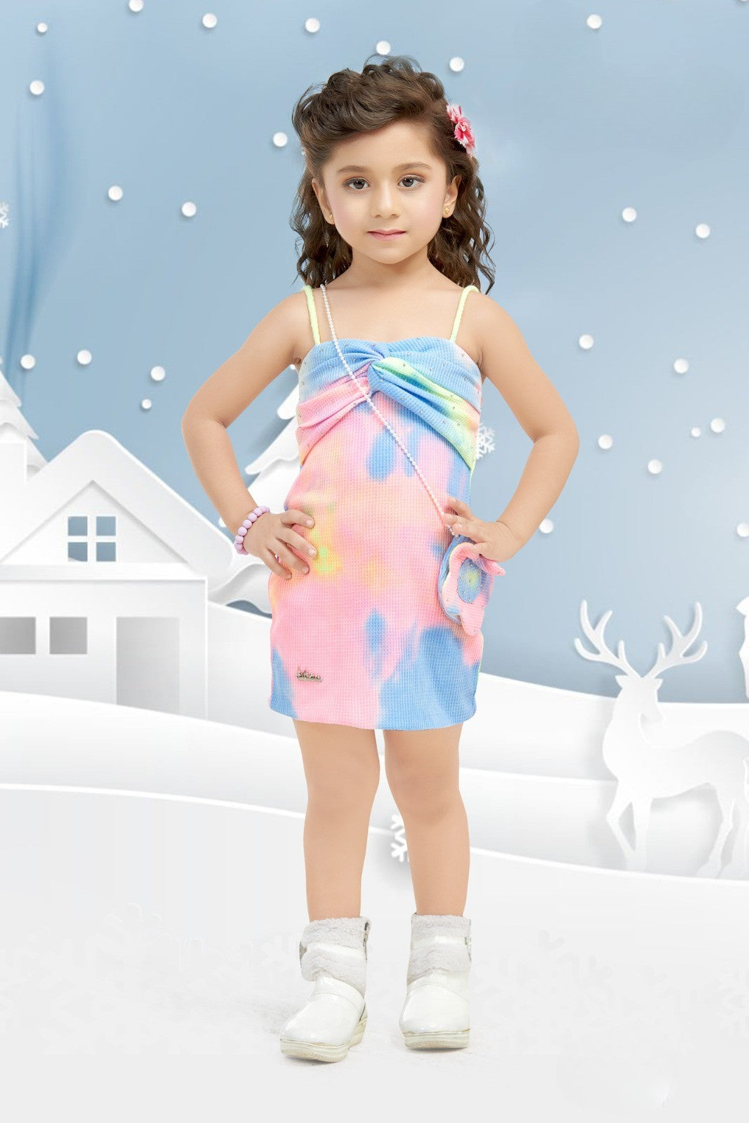 Multicolor Tie-Dye Strap Dress with Mini Bag for Girls