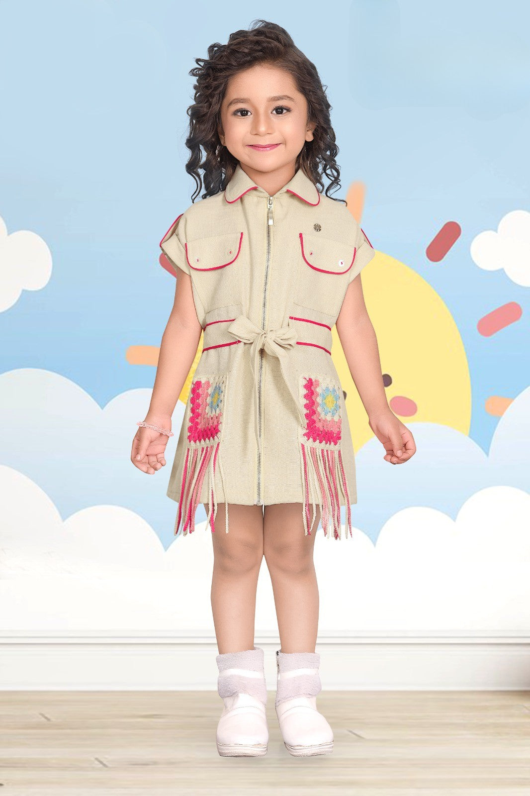 Beige Girls’ Sleeveless Utility Dress with Crochet Fringe Detail