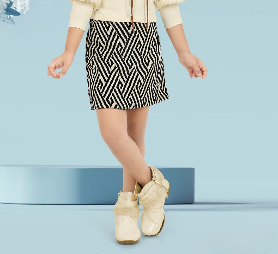Beige & Black Girls’ Puff-Sleeve Top with Geometric Skirt Set