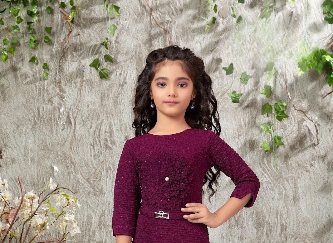 Wine Glam Textured Flower Belt Dress for Girls