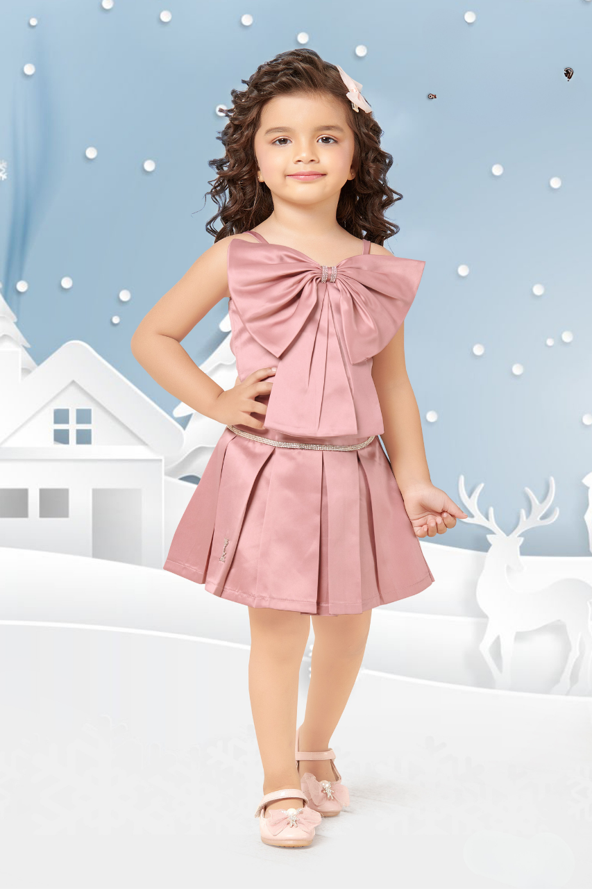 Blush Pink Bow Top & Pleated Skirt Set