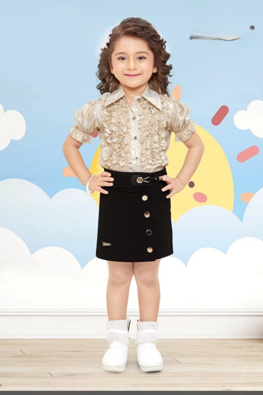 Beige and Black Girls' Shirt and Skirt Set