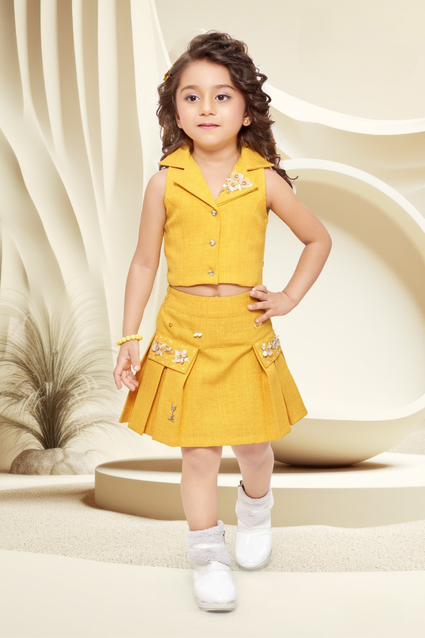 Yellow Notched Lapel Collar Top And Skirt For Girls