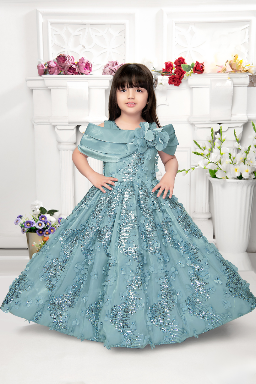 Sky Blue Girls’ Elegant Sequin Floral Gown