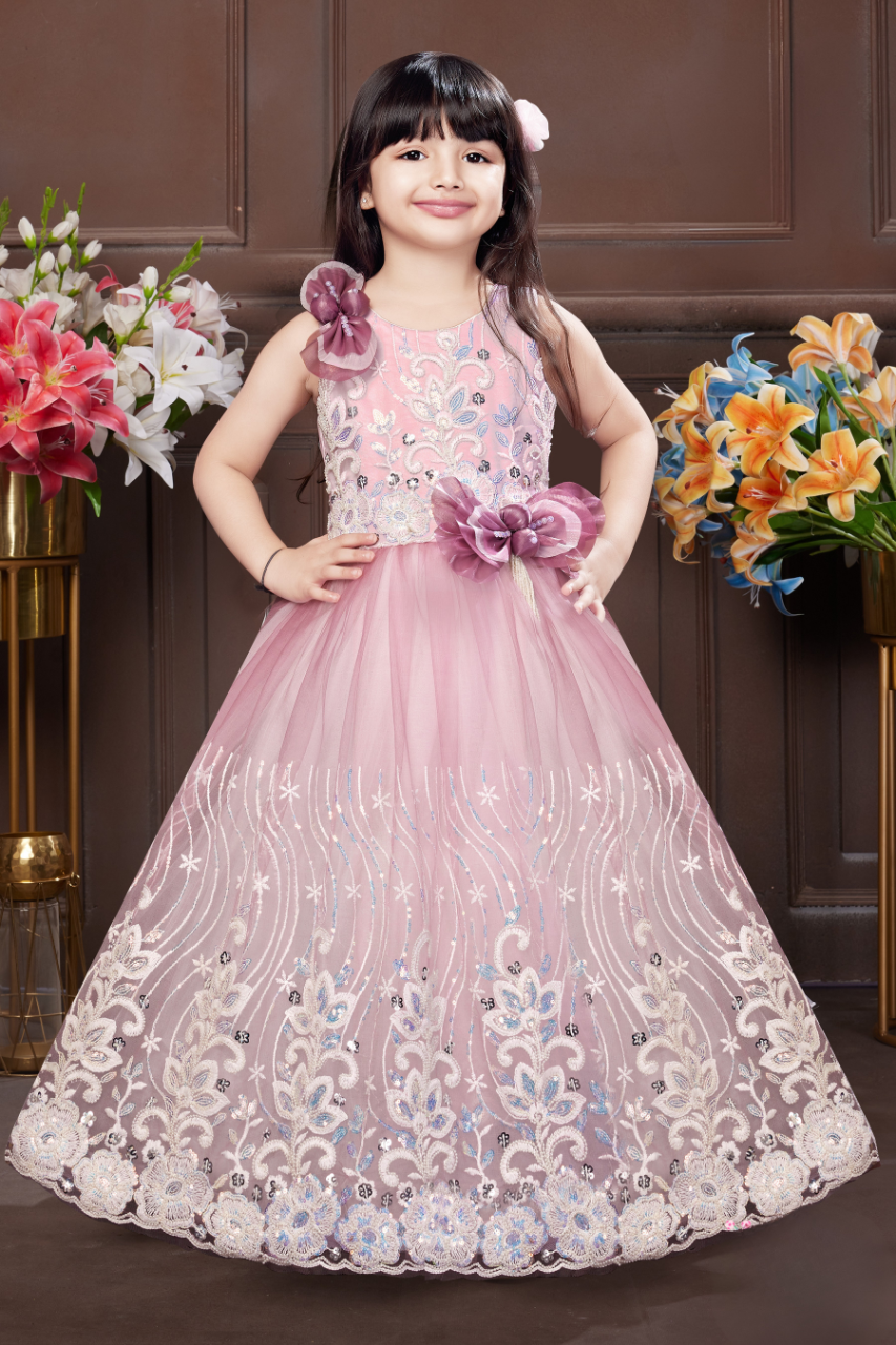 Pink Girls’ Floral Embroidered Party Gown