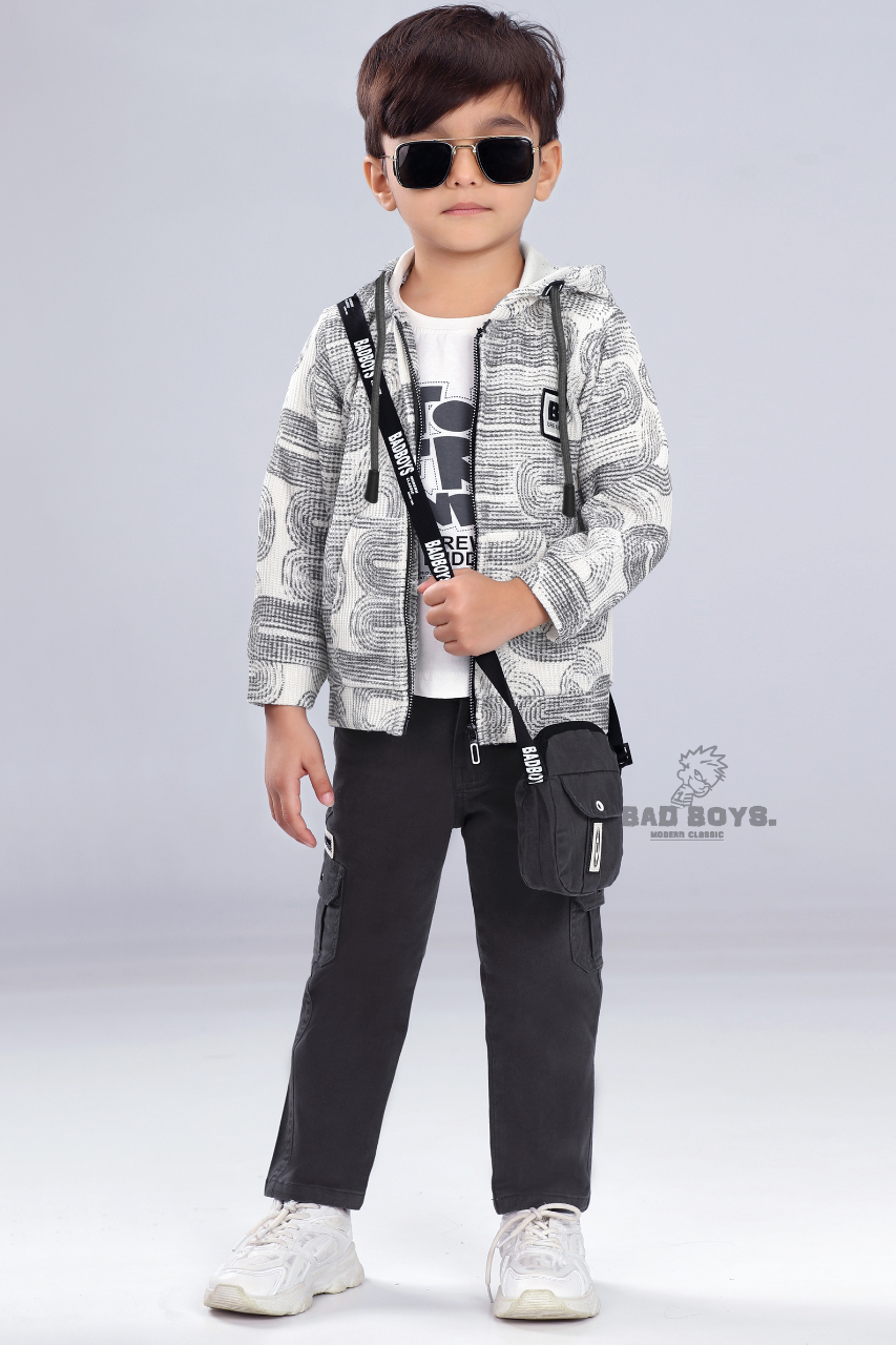 Gray Boys’ Abstract Print Hoodie Set with Graphic T-Shirt and Black Trousers