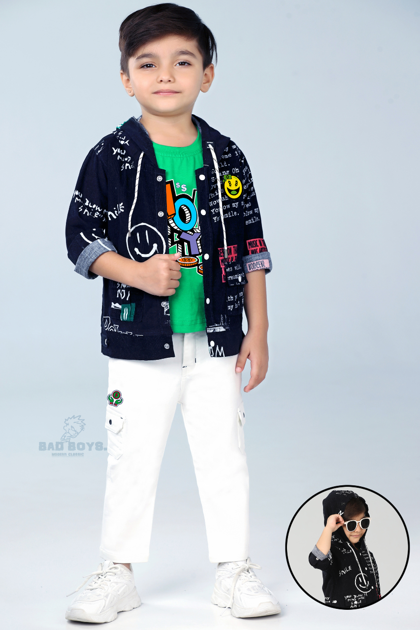 Blue Boys’ Graphic Jacket Set with Green T-Shirt and White Trousers