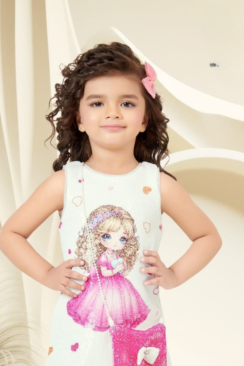 White Sequin Doll Print Girls' Dress