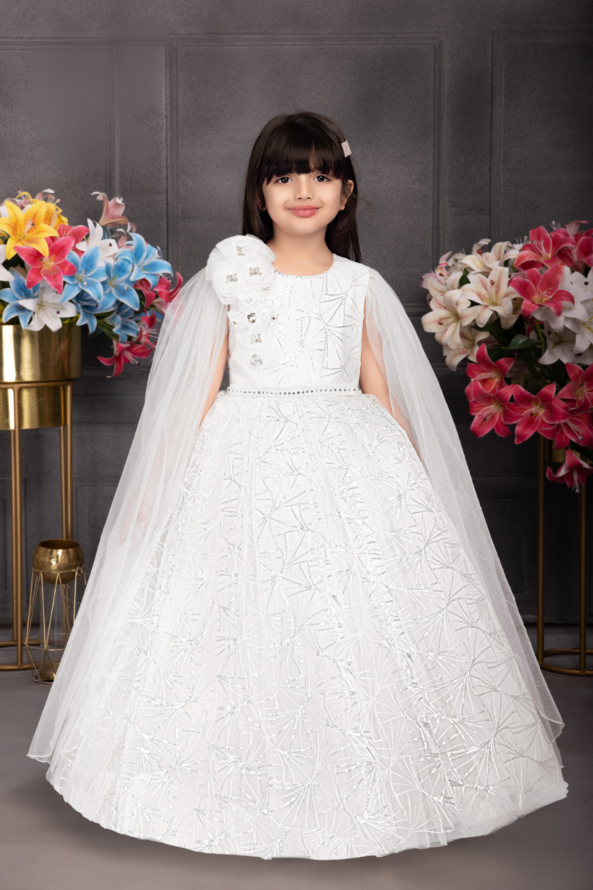 White Girls’ Elegant Cape-Style Embellished Gown