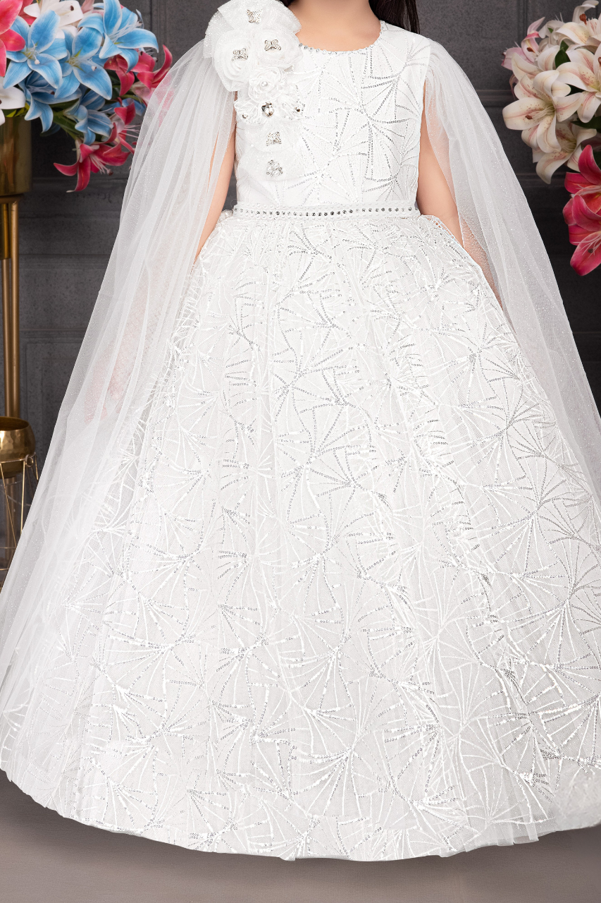 White Girls’ Elegant Cape-Style Embellished Gown