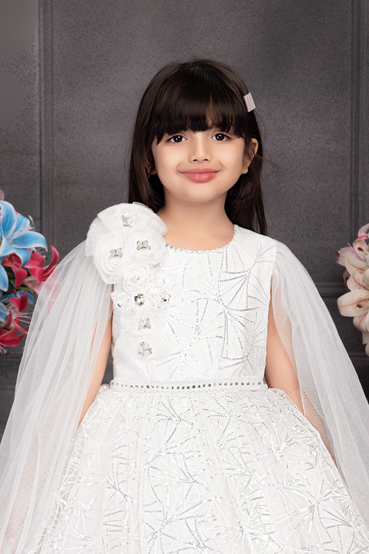 White Girls’ Elegant Cape-Style Embellished Gown