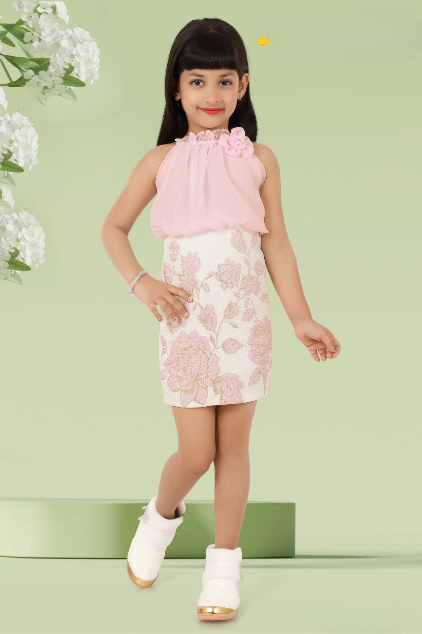 Pink and White Floral Embroidered Dress