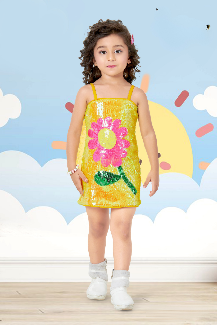 Yellow Abstract Flower Sequin Floral Girls' Dress