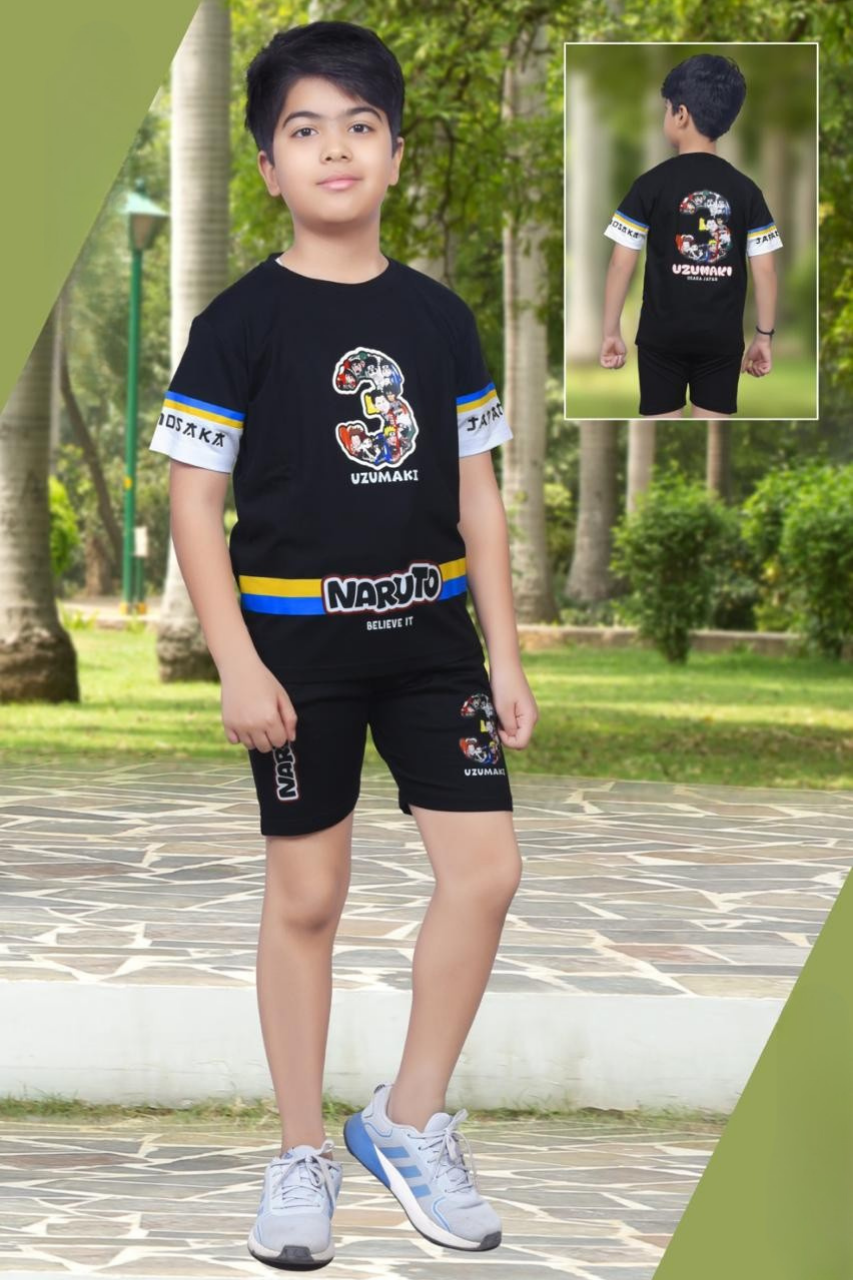 White & Black Boys’ Naruto-Themed Printed T-Shirt & Shorts Set