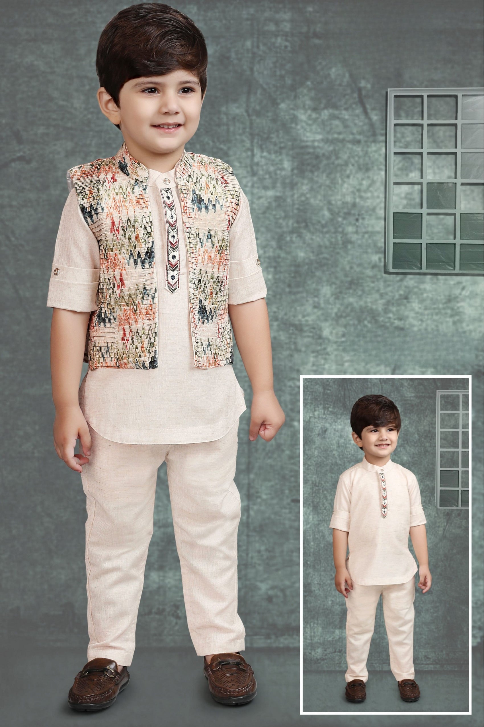 Olive Boys’ Ethnic Festive Set with Printed Waistcoat
