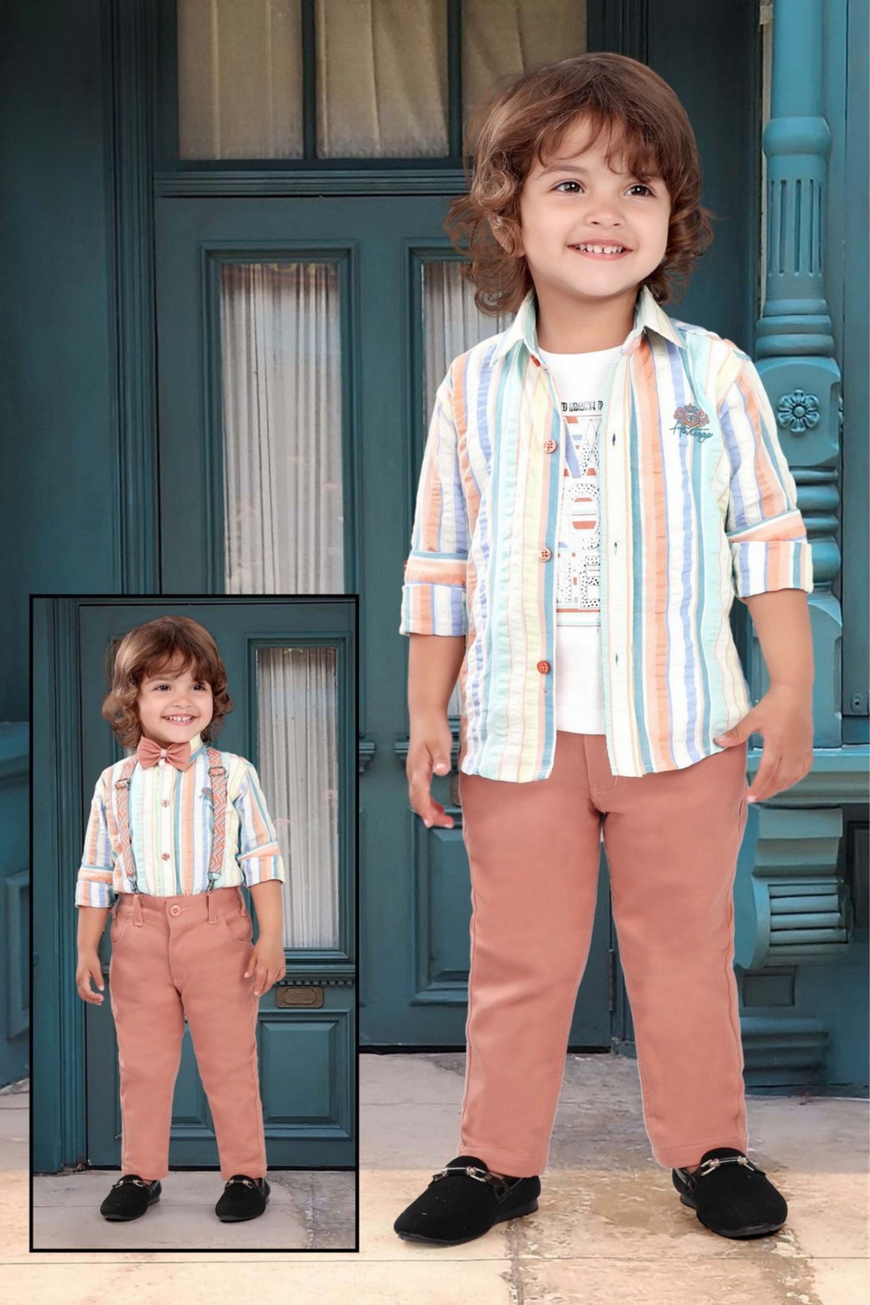 Peach Boys’ Casual Striped Shirt Set with Trousers