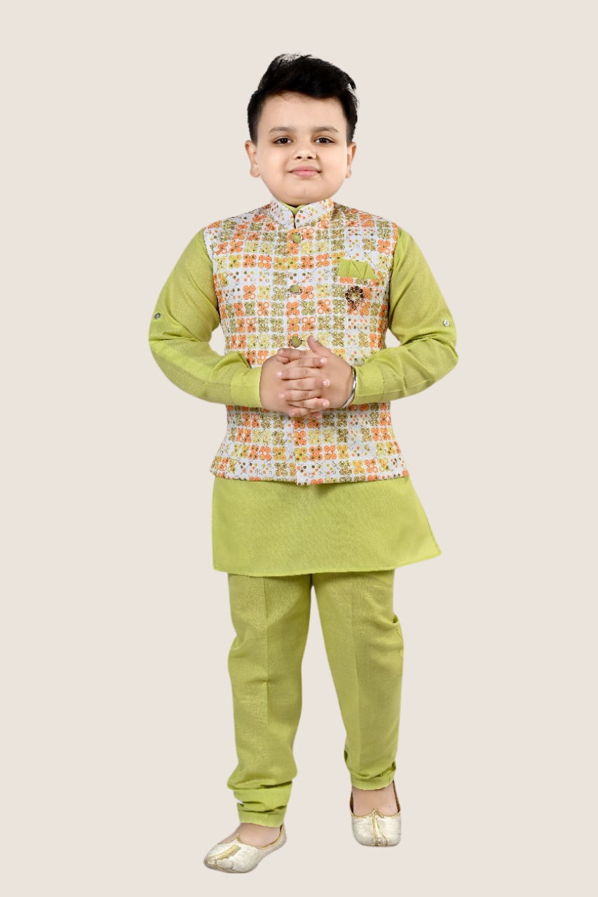 Onion & Cream Boys’ Elegant Kurta Set with Embroidered Nehru Jacket