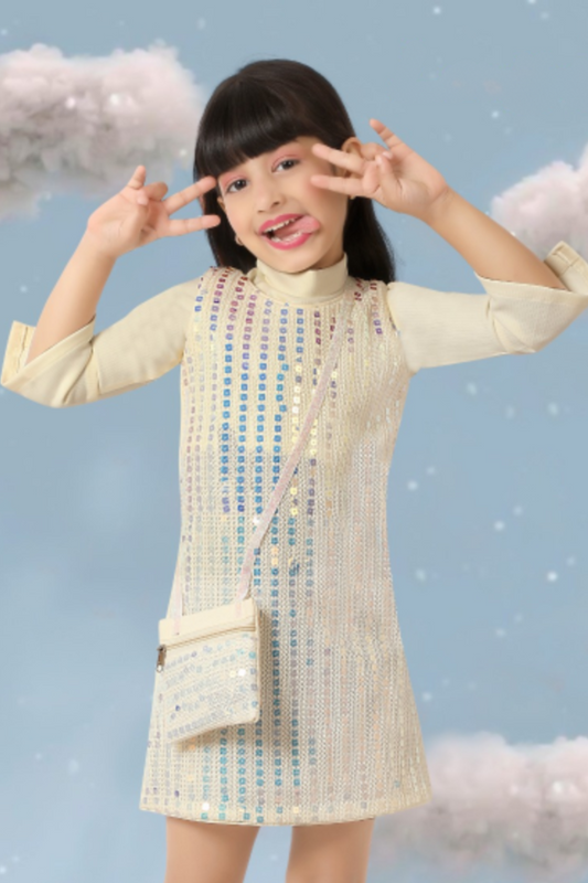 Ivory Sequin A-line Party Dress for Girls with Mini Bag