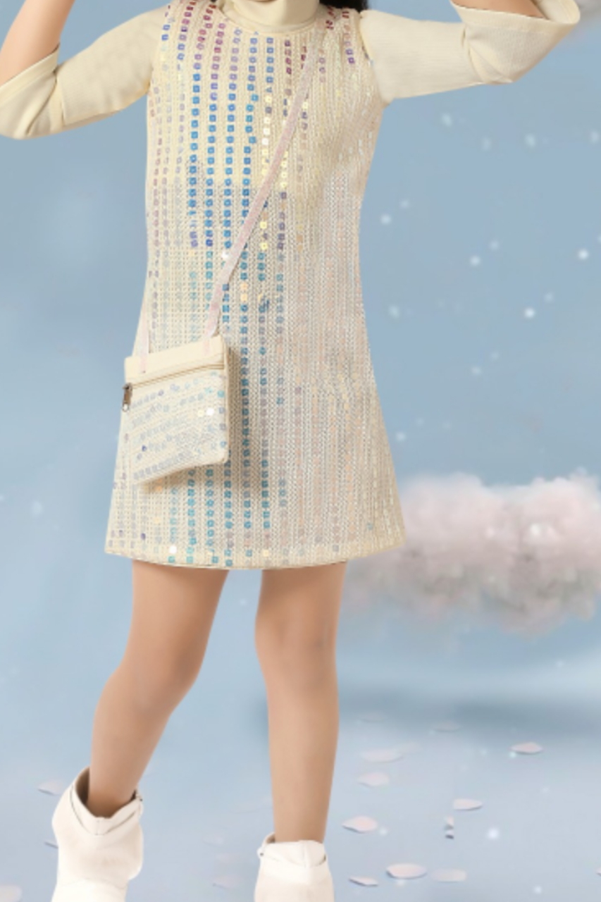 Ivory Sequin A-line Party Dress for Girls with Mini Bag
