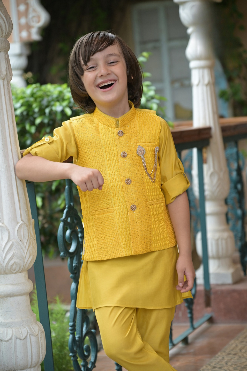 Yellow Boys’ Textured Nehru Jacket Kurta Dhoti Set
