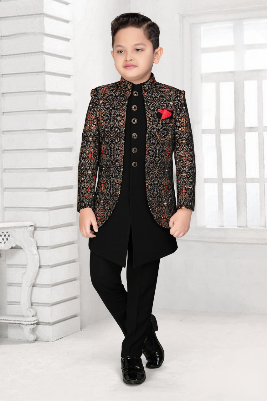 Chiku Boys’ Embroidered Festive Jacket & Kurta Set 2778 black