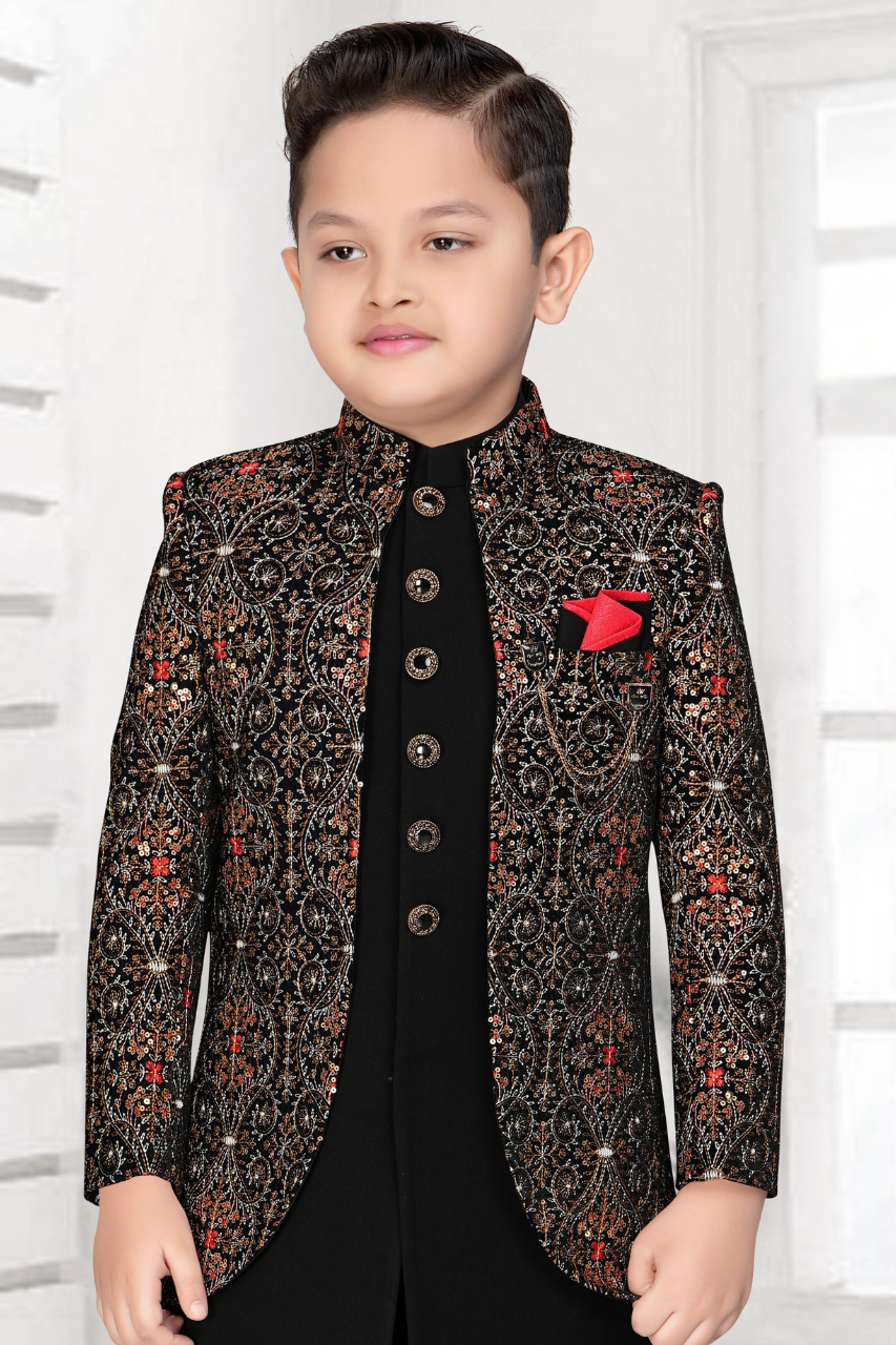 Chiku Boys’ Embroidered Festive Jacket & Kurta Set 2778 black