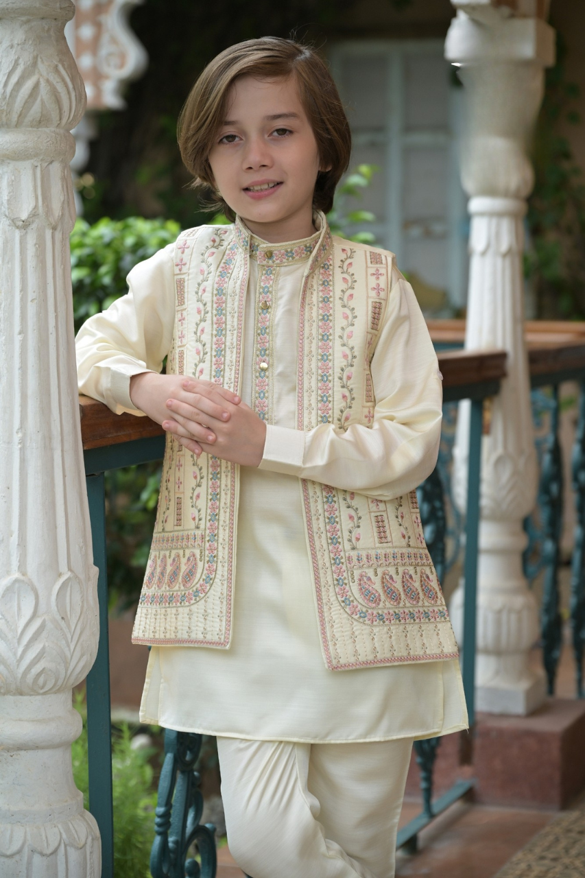 Cream Boys’ Embroidered Nehru Jacket Kurta Dhoti Set