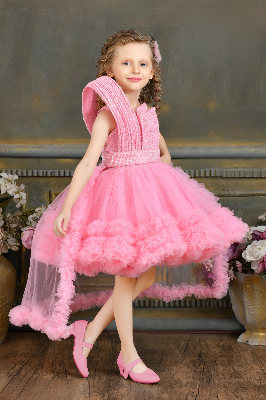 Peach Girls’ Glamorous High-Low Ruffled Party Dress