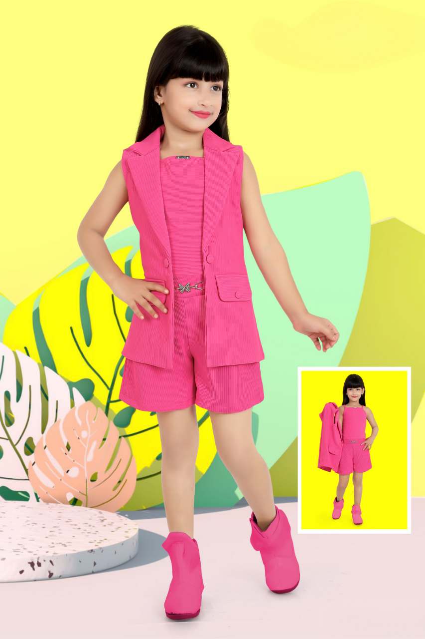 Pink Sleeveless Blazer Set with Matching Belt and Shorts
