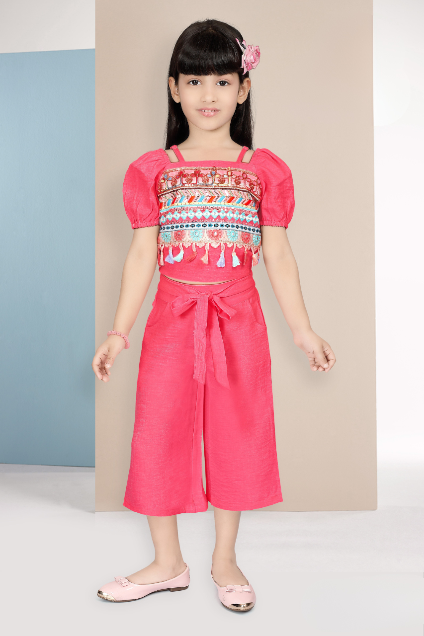 Rani Pink Girls’ Embroidered Crop Top & Culottes Set