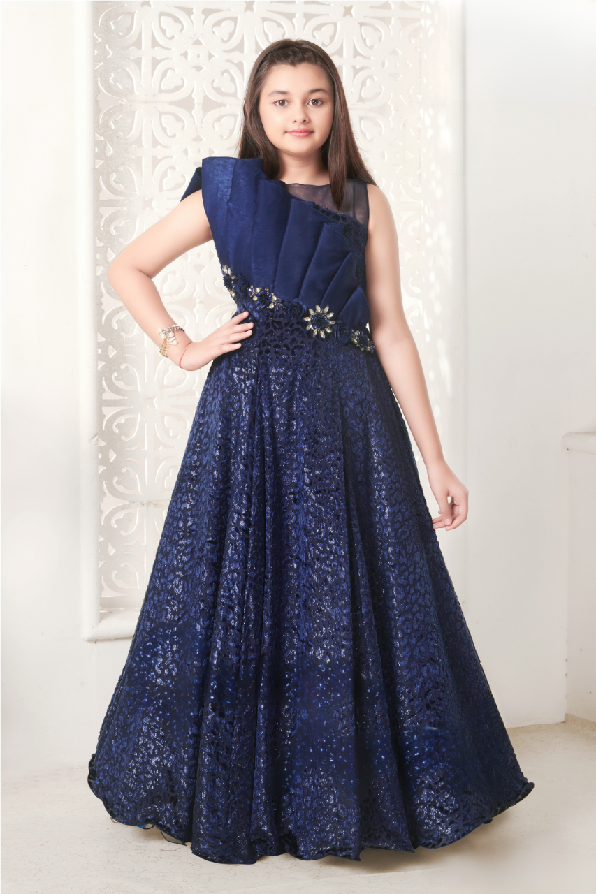 Sapphire Blue Girls’ Embellished Net Party Gown