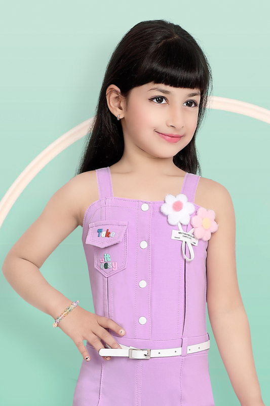 Purple Girls’ Trendy Floral-Embellished Playsuit