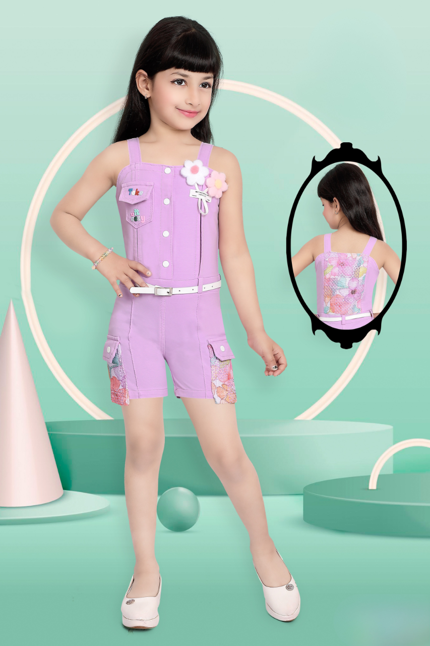 Purple Girls’ Trendy Floral-Embellished Playsuit