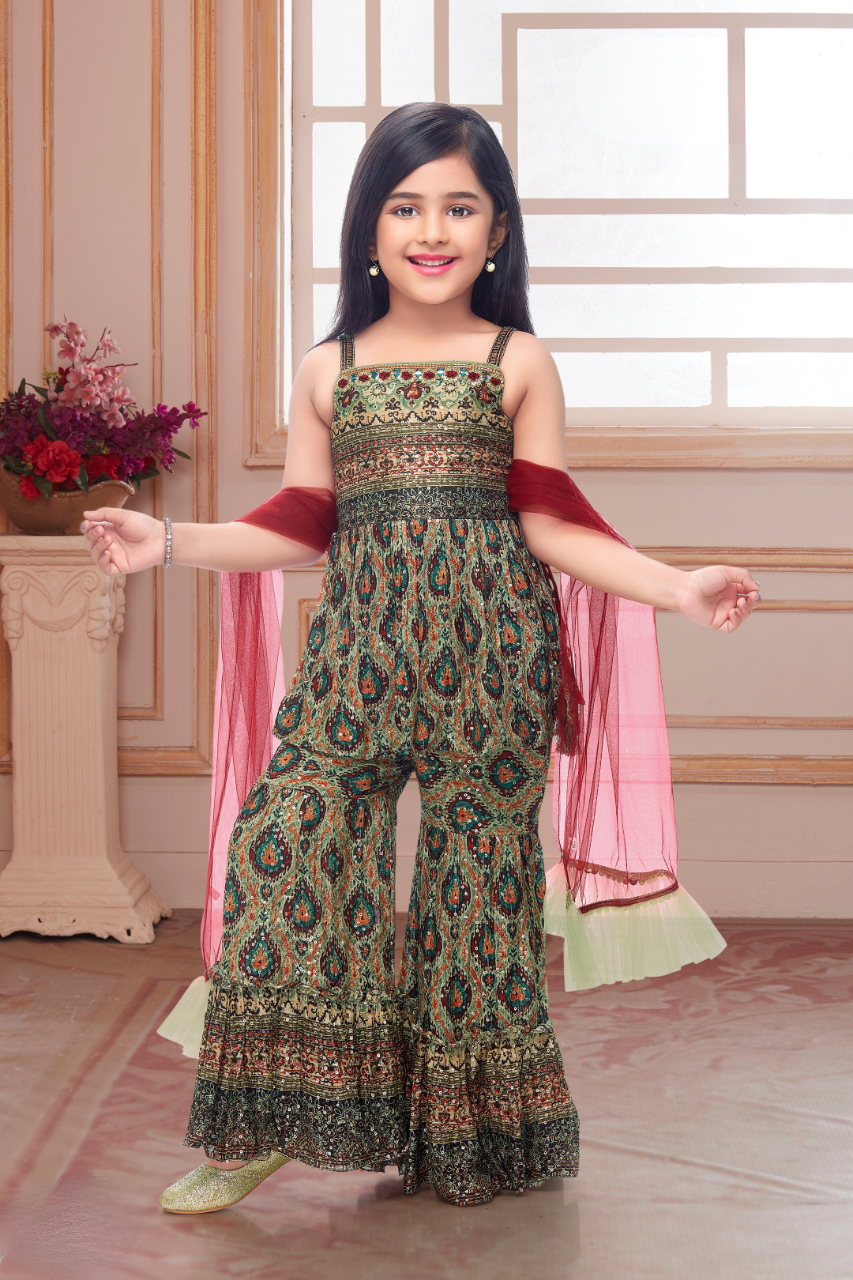 Green & Gold Girls’ Ethnic Sleeveless Sharara Set with Dupatta