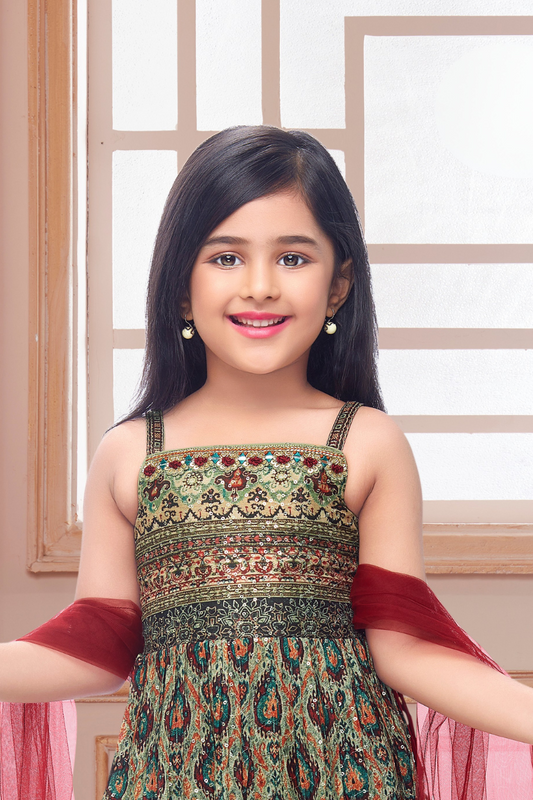 Green & Gold Girls’ Ethnic Sleeveless Sharara Set with Dupatta