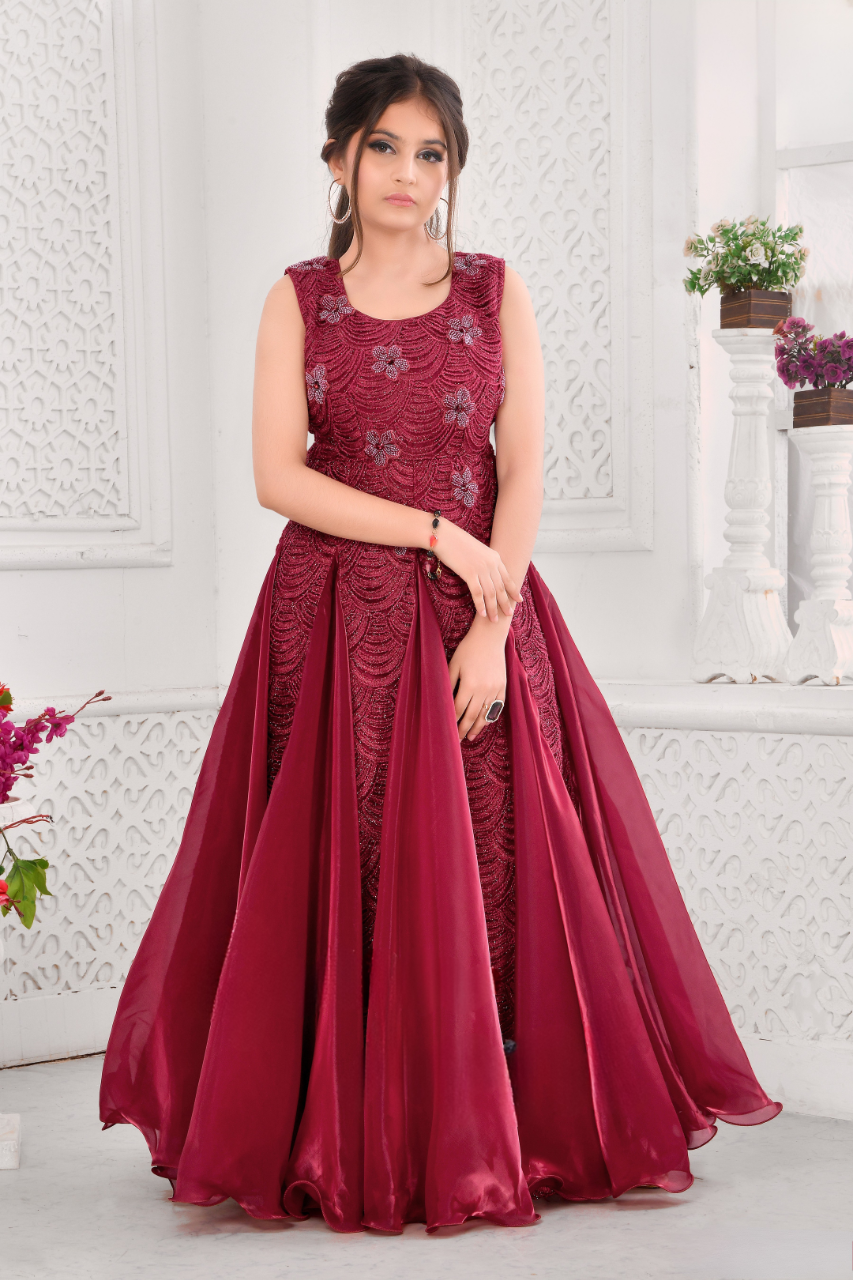 Maroon Girls’ Elegant Embroidered Flared Gown