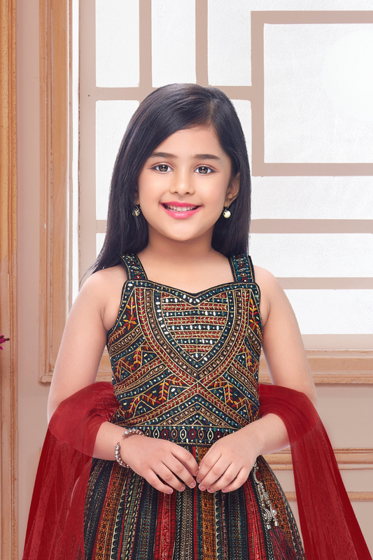 Black & Red Girls’ Ethnic Embellished Lehenga Set