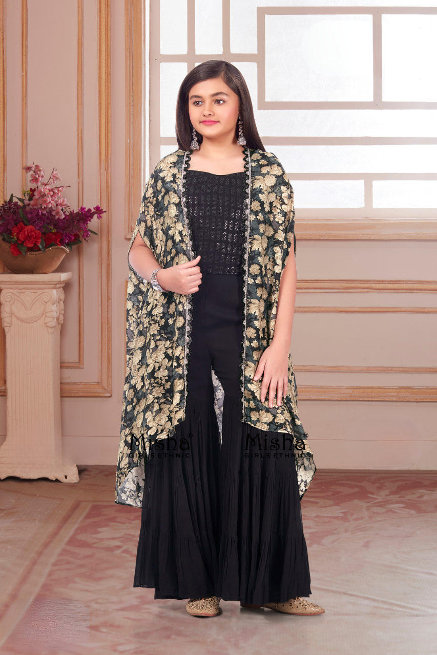 Black & Gold Girls’ Ethnic Cape Sharara Set