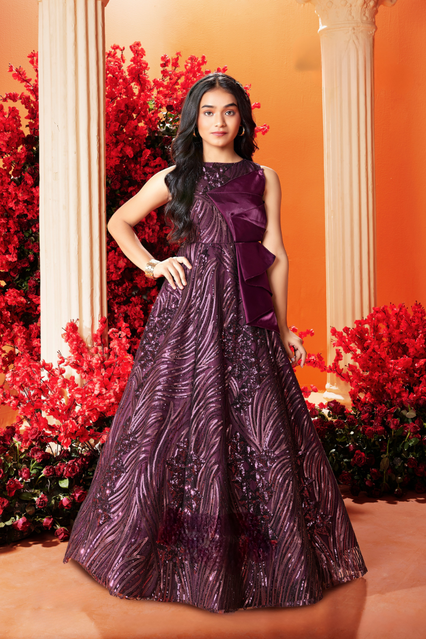 Wine Girls’ Designer Sequin-Embellished Evening Gown